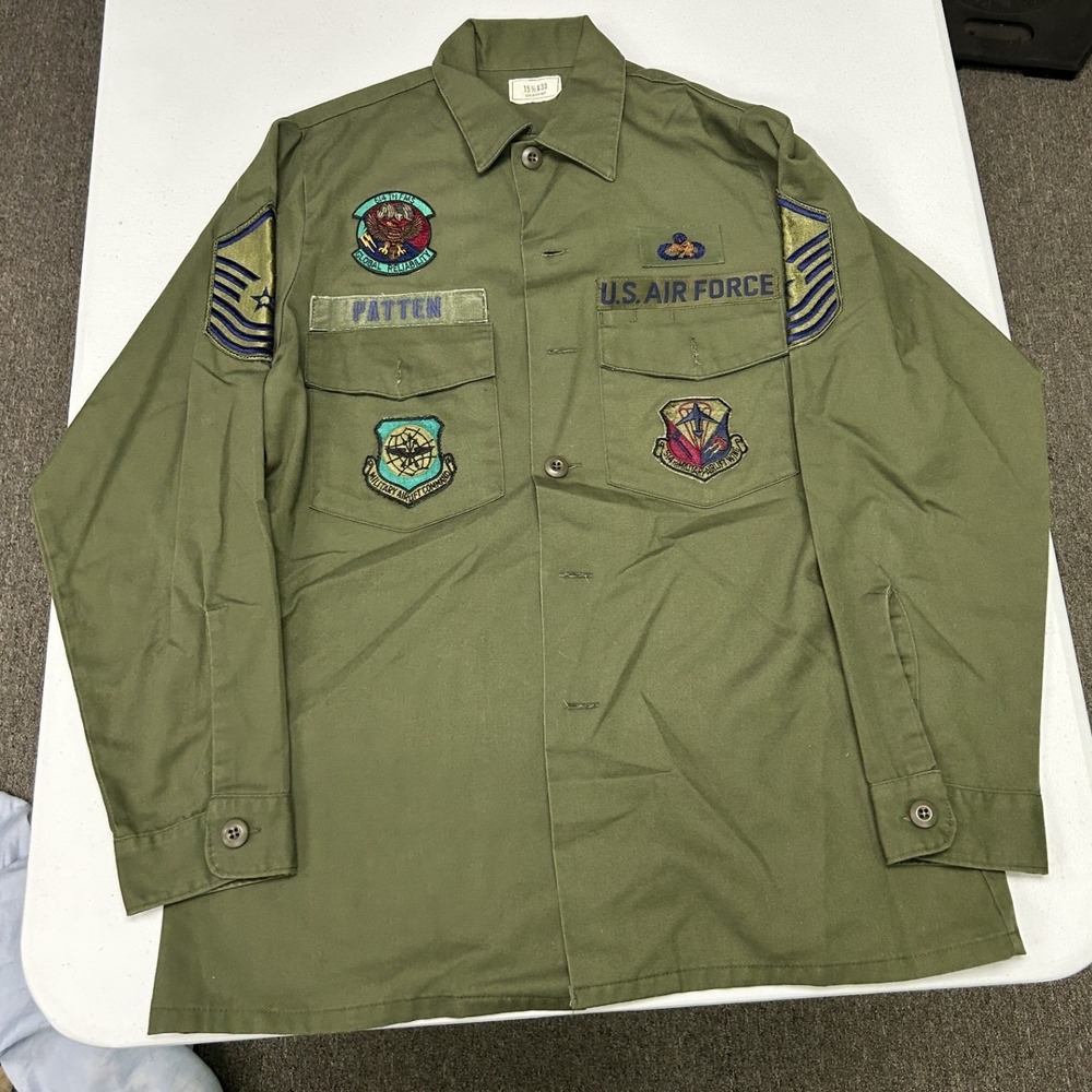 US Air Force Utility Shirt Mens 15.5x33 Green Patched OG-507 Military Jacket